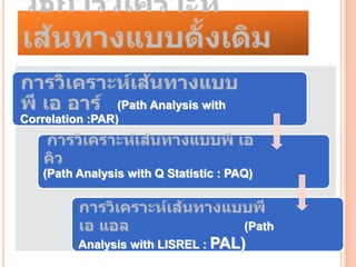 
                 (Path Analysis with
Correlation :PAR)



    (Path Analysis with Q Statistic : PAQ)



                                        (Path
          Analysis with LISREL : PAL)
 