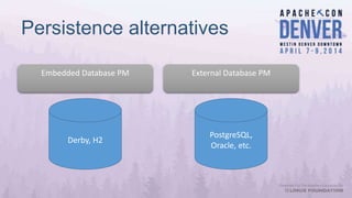 Persistence alternatives
Embedded Database PM
Derby, H2
External Database PM
PostgreSQL,
Oracle, etc.
 