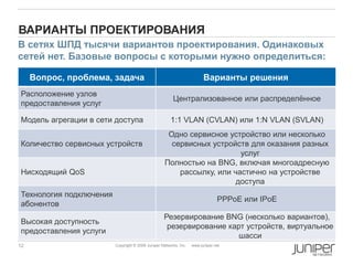 12 Copyright © 2009 Juniper Networks, Inc. www.juniper.net
ВАРИАНТЫ ПРОЕКТИРОВАНИЯ
Вопрос, проблема, задача Варианты решения
Расположение узлов
предоставления услуг
Централизованное или распределѐнное
Модель агрегации в сети доступа 1:1 VLAN (CVLAN) или 1:N VLAN (SVLAN)
Количество сервисных устройств
Одно сервисное устройство или несколько
сервисных устройств для оказания разных
услуг
Нисходящий QoS
Полностью на BNG, включая многоадресную
рассылку, или частично на устройстве
доступа
Технология подключения
абонентов
PPPoE или IPoE
Высокая доступность
предоставления услуги
Резервирование BNG (несколько вариантов),
резервирование карт устройств, виртуальное
шасси
В сетях ШПД тысячи вариантов проектирования. Одинаковых
сетей нет. Базовые вопросы с которыми нужно определиться:
 