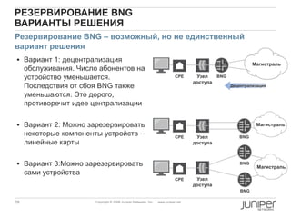 28 Copyright © 2009 Juniper Networks, Inc. www.juniper.net
РЕЗЕРВИРОВАНИЕ BNG
ВАРИАНТЫ РЕШЕНИЯ
 Вариант 1: децентрализация
обслуживания. Число абонентов на
устройство уменьшается.
Последствия от сбоя BNG также
уменьшаются. Это дорого,
противоречит идее централизации
 Вариант 2: Можно зарезервировать
некоторые компоненты устройств –
линейные карты
 Вариант 3:Можно зарезервировать
сами устройства
Резервирование BNG – возможный, но не единственный
вариант решения
Узел
доступа
CPE
Магистраль
BNG
Децентрализация
CPE Узел
доступа
Магистраль
CPE Узел
доступа
BNG
BNG
BNG
Магистраль
 