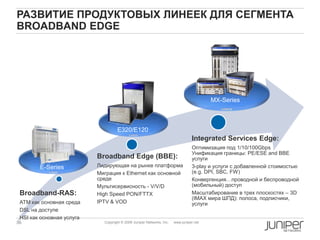 36 Copyright © 2009 Juniper Networks, Inc. www.juniper.net
РАЗВИТИЕ ПРОДУКТОВЫХ ЛИНЕЕК ДЛЯ СЕГМЕНТА
BROADBAND EDGE
Broadband-RAS:
ATM как основная среда
DSL на доступе
HSI как основная услуга
Broadband Edge (BBE):
Лидирующая на рынке платформа
Миграция к Ethernet как основной
среде
Мультисервисность - V/V/D
High Speed PON/FTTX
IPTV & VOD
Integrated Services Edge:
Оптимизация под 1/10/100Gbps
Унификация границы: PE/ESE and BBE
услуги
3-play и услуги с добавленной стоимостью
(e.g. DPI, SBC, FW)
Конвергенция…проводной и беспроводной
(мобильный) доступ
Масштабирование в трех плоскостях – 3D
(IMAX мира ШПД): полоса, подписчики,
услуги
E320/E120
MX-Series
E-Series
 