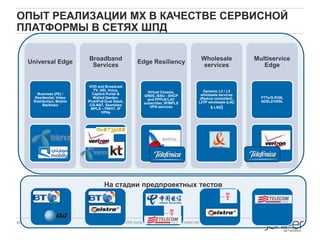 40 Copyright © 2009 Juniper Networks, Inc. www.juniper.net
ОПЫТ РЕАЛИЗАЦИИ MX В КАЧЕСТВЕ СЕРВИСНОЙ
ПЛАТФОРМЫ В СЕТЯХ ШПД
Universal Edge
Business (PE) /
Residential, Video
Distribution, Mobile
Backhaul
Broadband
Services
VOD and Broadcast
TV, HSI, Voice,
Captive Portal &
Walled Garden,
IPv4/IPv6 Dual Stack,
CG-NAT, Seamless
MPLS – PWHT, IP
VPNs
Edge Resiliency
Virtual Chassis,
GRES, ISSU - DHCP
and PPPoE/LAC
subscriber, IP/MPLS
VPN services
Wholesale
services
Dynamic L2 / L3
wholesale services
(Radius controlled),
L2TP wholesale (LAC
& LNS)
Multiservice
Edge
FTTx/G-PON,
ADSL2/VDSL
На стадии предпроектных тестов
 