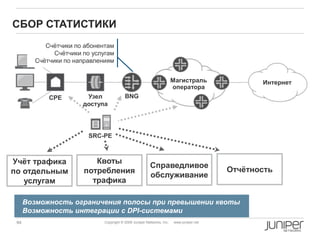 94 Copyright © 2009 Juniper Networks, Inc. www.juniper.net
СБОР СТАТИСТИКИ
Узел
доступа
SRC-PE
Магистраль
оператора
CPE
Интернет
BNG
Возможность ограничения полосы при превышении квоты
Возможность интеграции с DPI-системами
Учѐт трафика
по отдельным
услугам
Квоты
потребления
трафика
Справедливое
обслуживание
Отчѐтность
Счѐтчики по абонентам
Счѐтчики по услугам
Счѐтчики по направлениям
 