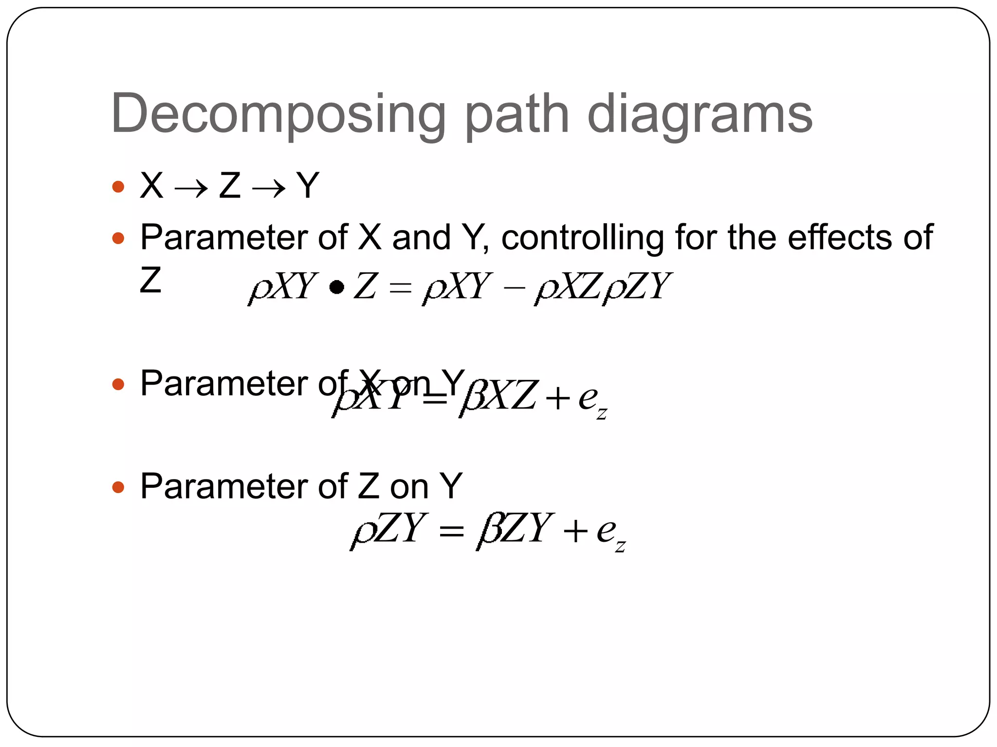 Decomposing path diagramsX Z YParameter of X and Y, controlling for the effects of ZParameter of X on YParameter of Z on Y
