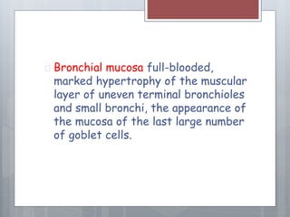  Bronchial mucosa full-blooded, 
marked hypertrophy of the muscular 
layer of uneven terminal bronchioles 
and small bronchi, the appearance of 
the mucosa of the last large number 
of goblet cells. 
 