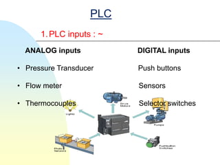 PLC
      1. PLC inputs : ~
  ANALOG inputs           DIGITAL inputs

• Pressure Transducer     Push buttons

• Flow meter              Sensors

• Thermocouples           Selector switches
 