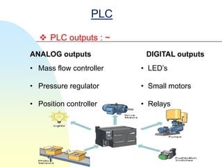 PLC

   PLC outputs : ~
ANALOG outputs            DIGITAL outputs
• Mass flow controller   • LED’s

• Pressure regulator     • Small motors

• Position controller    • Relays
 