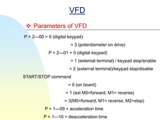 VFD
 Parameters of VFD
P = 2—00 = 0 (digital keypad)
                      = 3 (potentiometer on drive)
            P = 2—01 = 0 (digital keypad)
                      = 1 (external terminal) / keypad stop/enable
                      = 2 (external terminal)/keypad stop/disable
START/STOP command
                     = 0 (on board)
                    = 1 (ext M0=forward, M1= reverse)
                   = 3(M0=forward, M1= reverse, M2=stop)
          P = 1—09 = acceleration time
         P = 1—10 = deacceleration time
 