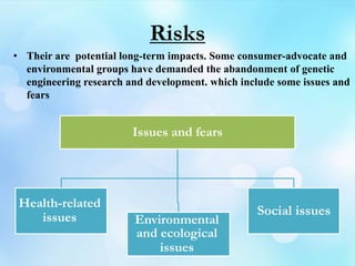 Risks
• Their are potential long-term impacts. Some consumer-advocate and
environmental groups have demanded the abandonment of genetic
engineering research and development. which include some issues and
fears
Issues and fears
Health-related
issues Environmental
and ecological
issues
Social issues
 