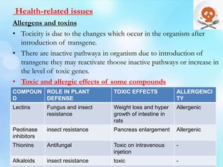 Health-related issues
Allergens and toxins
• Tocicity is due to the changes which occur in the organism after
introduction of transgene.
• There are inactive pathwaya in organism due to introduction of
transgene they may reactivate thoose inactive pathways or increase in
the level of toxic genes.
• Toxic and allergic effects of some compounds
COMPOUN
D
ROLE IN PLANT
DEFENSE
TOXIC EFFECTS ALLERGENCI
TY
Lectins Fungus and insect
resistance
Weight loss and hyper
growth of intestine in
rats
Allergenic
Peotinase
inhibitors
insect resistance Pancreas enlargement Allergenic
Thionins Antifungal Toxic on intravenous
injetion
-
Alkaloids insect resistance toxic -
 