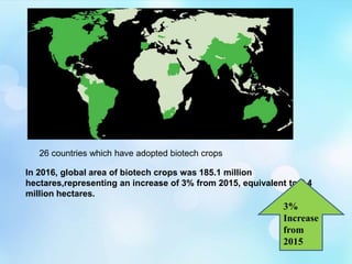 In 2016, global area of biotech crops was 185.1 million
hectares,representing an increase of 3% from 2015, equivalent to 5.4
million hectares.
26 countries which have adopted biotech crops
3%
Increase
from
2015
 