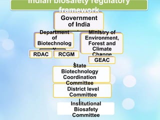 Government
of India
Department
of
Biotechnolog
y
RDAC RCGM
Ministry of
Environment,
Forest and
Climate
Change
GEAC
Institutional
Biosafety
Committee
State
Biotechnology
Coordination
Committee
District level
Committee
Indian biosafety regulatory
framework
 