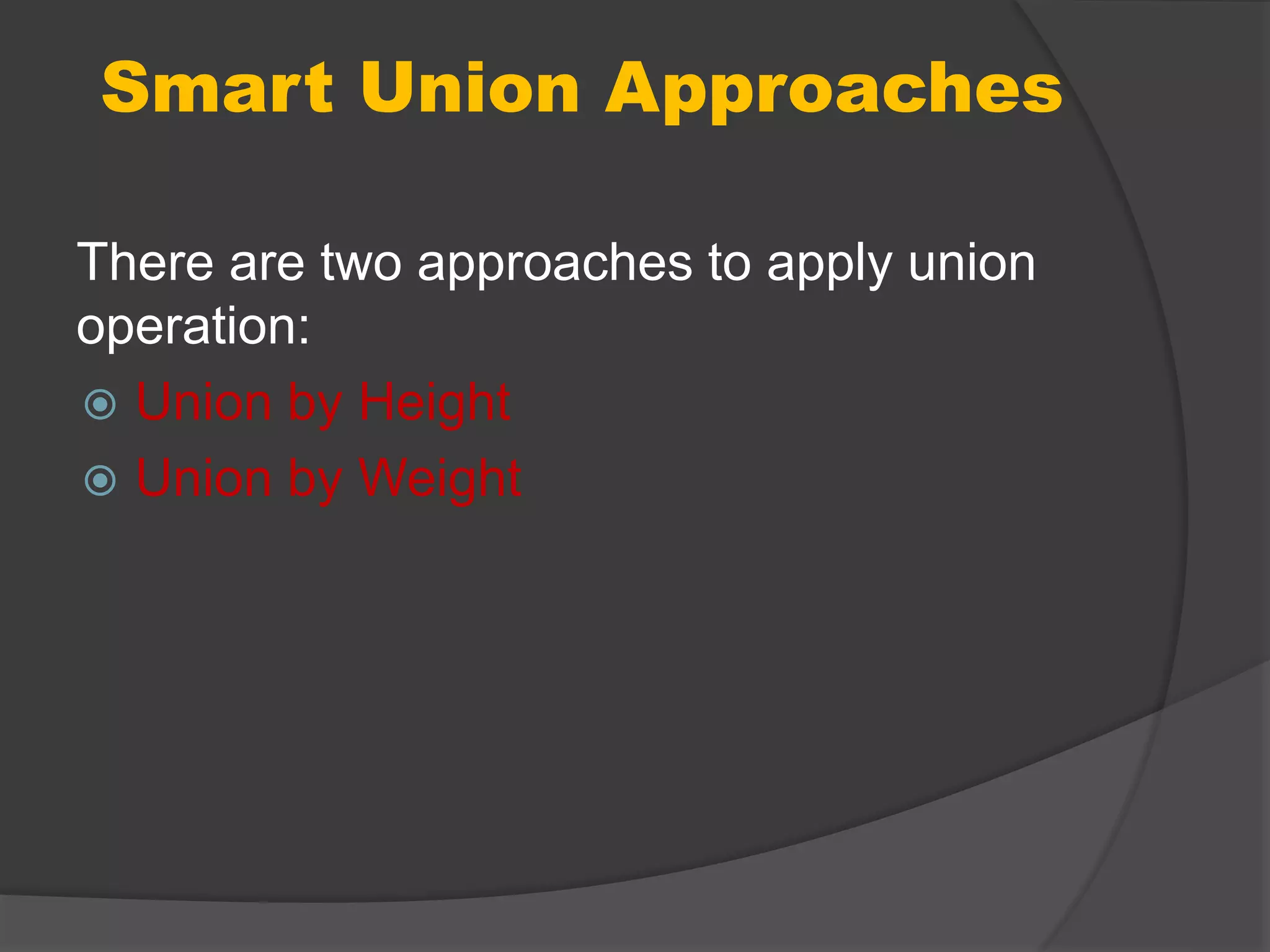 Smart Union Approaches
There are two approaches to apply union
operation:
 Union by Height
 Union by Weight
 