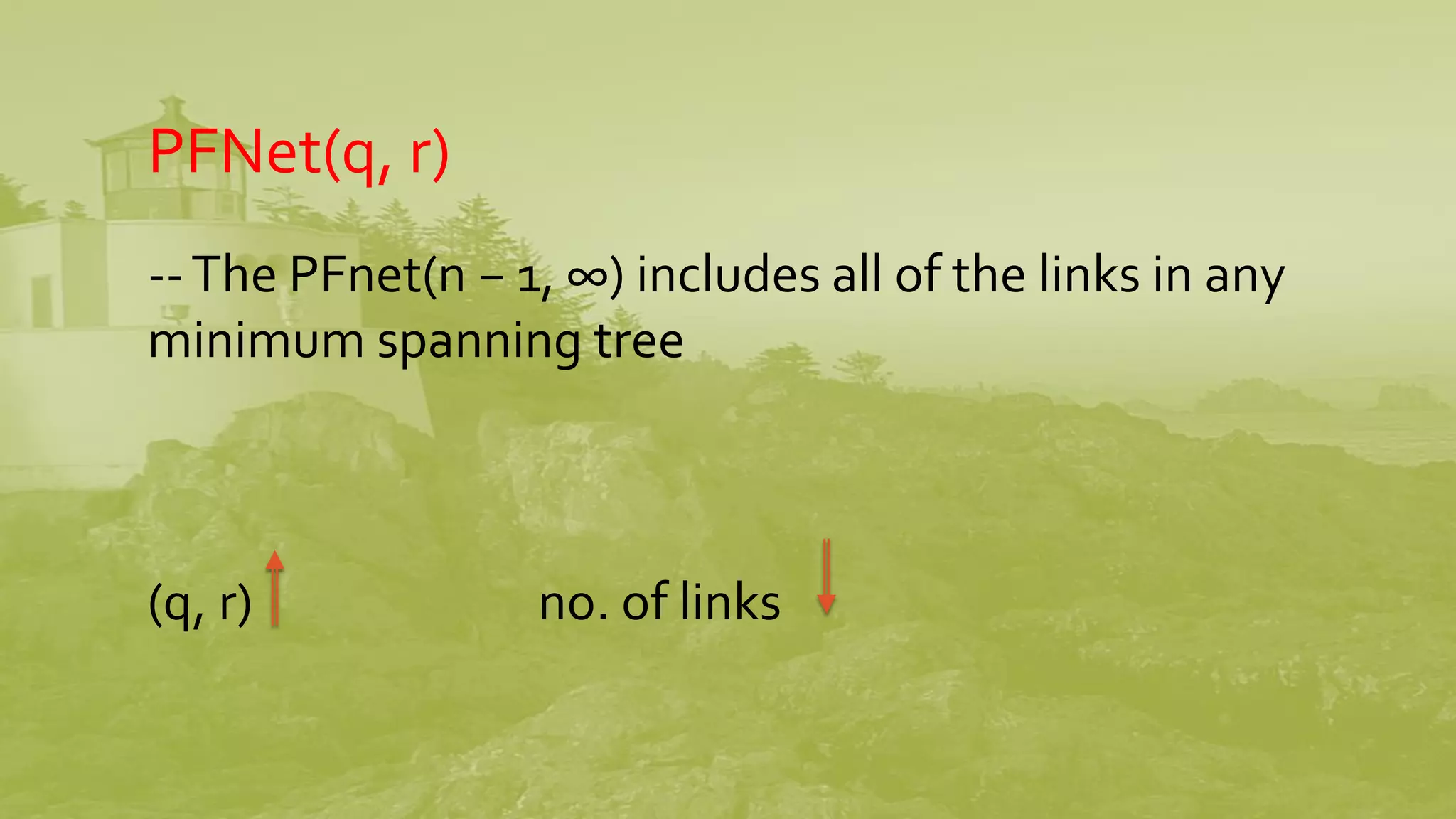 PFNet(q, r)
--The PFnet(n − 1, ∞) includes all of the links in any
minimum spanning tree
(q, r) no. of links
 