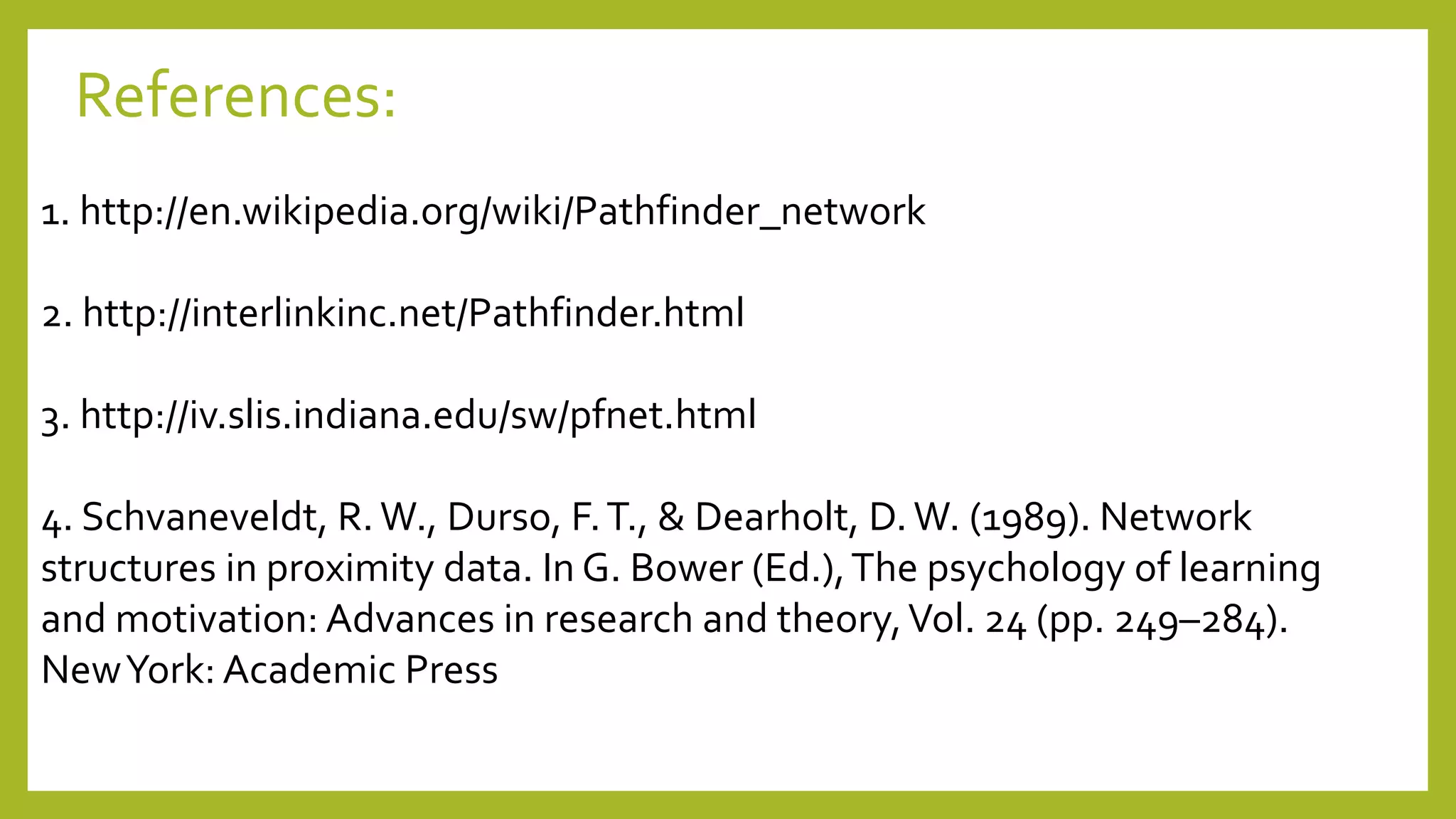 References:
1. http://en.wikipedia.org/wiki/Pathfinder_network
2. http://interlinkinc.net/Pathfinder.html
3. http://iv.slis.indiana.edu/sw/pfnet.html
4. Schvaneveldt, R.W., Durso, F.T., & Dearholt, D.W. (1989). Network
structures in proximity data. In G. Bower (Ed.),The psychology of learning
and motivation: Advances in research and theory,Vol. 24 (pp. 249–284).
NewYork: Academic Press
 