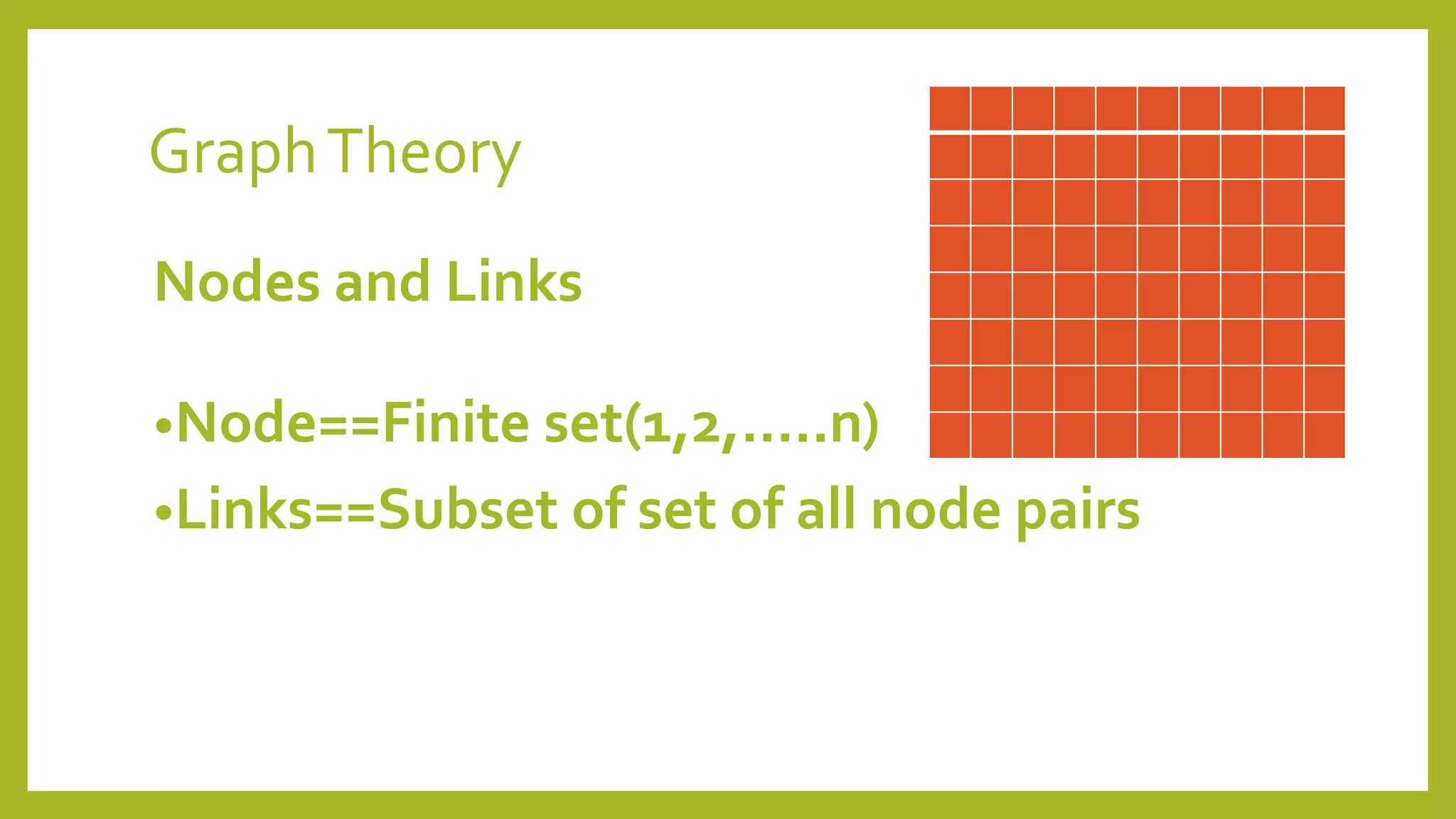 GraphTheory
Nodes and Links
•Node==Finite set(1,2,…..n)
•Links==Subset of set of all node pairs
 