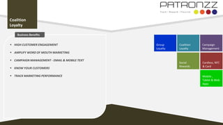 Coalition
Loyalty
Coalition
Loyalty
Campaign
Management
Group
Loyalty
 HIGH CUSTOMER ENGAGEMENT
 AMPLIFY WORD OF MOUTH MARKETING
 CAMPAIGN MANAGEMENT - EMAIL & MOBILE TEXT
 KNOW YOUR CUSTOMERS
 TRACK MARKETING PERFORMANCE
Business Benefits
Social
Rewards
Cardless, NFC
& Card
Mobile ,
Tablet & Web
Apps
 