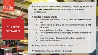 CURRENT
SCENARIO
 Concessionaires measure their own sales, sales per Sq. Ft., but do
not have a vision of total sales at the airport or category
performance
 Limited collection of data
 Submission of Weekly / Monthly totals and not transaction
level
 Collected data used only for revenue share invoicing & not
for analysis
 Zero visibility on store level conversion
 Carrier contribution vs. Sales mostly available only for duty
free
 Reporting of sales data via email and not structured
 Lacks control and audit
 Billing Process lacks automation & controls
 Performance Analysis is limited & manual
Imperium
 