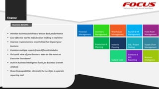 Finance
Solutions that move business
 Monitor business activities to ensure best performance
 Cost effective tool to help decision-making in real time
 Improve responsiveness to activities that impact your
business
 Combine multiple reports from different Modules
 Get quick view of your business even on the move on
Executive Dashboard
 Built in Business Intelligence Tools for Business Growth
Analysis
 Reporting capabilities eliminate the need for a separate
reporting tool
Business Benefits
Inventory
Management
Warehouse
Management
Payroll & HR
Management
Fixed Asset
Management
Job / Project
Costing
Supply Chain
Management
Business
Intelligence
Material
Planning
Production &
Planning
Financial
Management
Standard &
MIS
ReportingSystem Tools
 