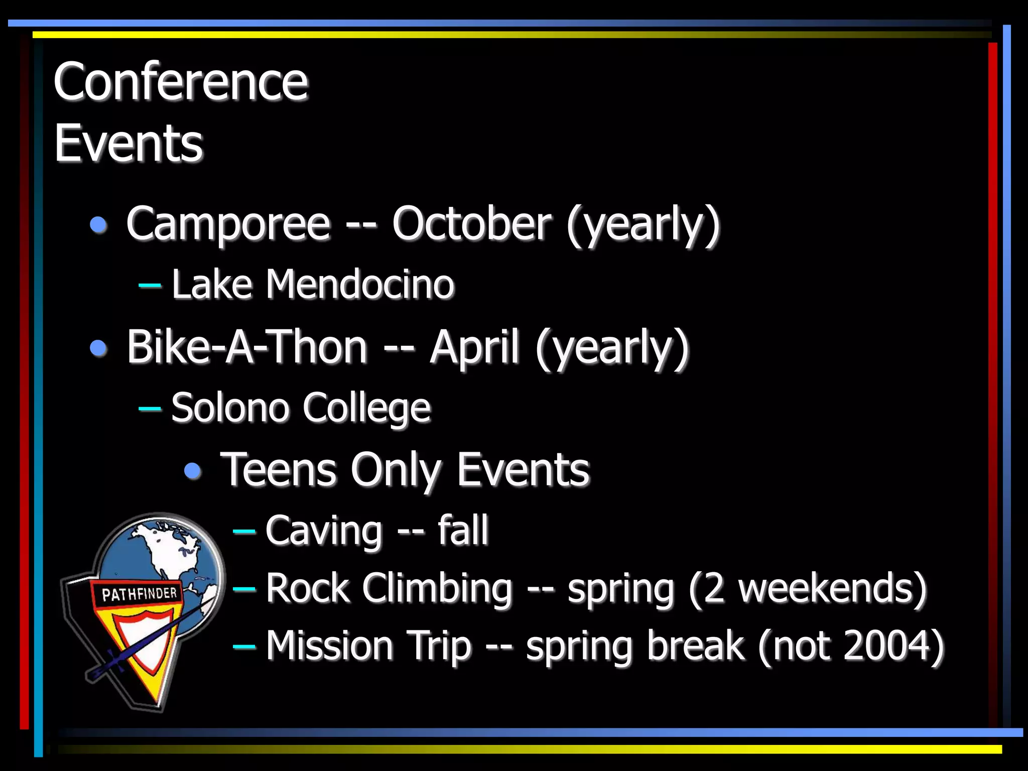 Conference
Events
• Camporee -- October (yearly)
– Lake Mendocino
• Bike-A-Thon -- April (yearly)
– Solono College
• Teens Only Events
– Caving -- fall
– Rock Climbing -- spring (2 weekends)
– Mission Trip -- spring break (not 2004)
 