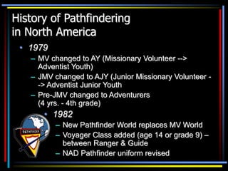 History of Pathfindering
in North America
• 1979
– MV changed to AY (Missionary Volunteer -->
Adventist Youth)
– JMV changed to AJY (Junior Missionary Volunteer -
-> Adventist Junior Youth
– Pre-JMV changed to Adventurers
(4 yrs. - 4th grade)
• 1982
– New Pathfinder World replaces MV World
– Voyager Class added (age 14 or grade 9) –
between Ranger & Guide
– NAD Pathfinder uniform revised
 