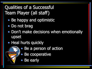 • Be happy and optimistic
• Do not brag
• Don’t make decisions when emotionally
upset
• Heal hurts quickly
• Be a person of action
• Be cooperative
• Be early
Qualities of a Successful
Team Player (all staff)
 