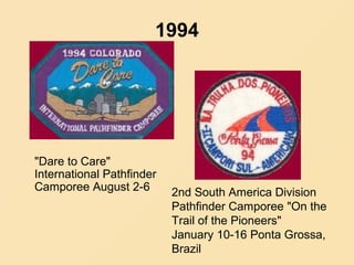 1994
"Dare to Care"
International Pathfinder
Camporee August 2-6 2nd South America Division
Pathfinder Camporee "On the
Trail of the Pioneers"
January 10-16 Ponta Grossa,
Brazil
 