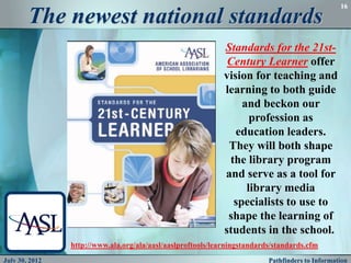16

        The newest national standards
                                                             Standards for the 21st-
                                                              Century Learner offer
                                                             vision for teaching and
                                                             learning to both guide
                                                                 and beckon our
                                                                   profession as
                                                                education leaders.
                                                              They will both shape
                                                              the library program
                                                             and serve as a tool for
                                                                  library media
                                                               specialists to use to
                                                              shape the learning of
                                                             students in the school.
                http://www.ala.org/ala/aasl/aaslproftools/learningstandards/standards.cfm
July 30, 2012                                                             Pathfinders to Information
 