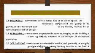 SIX QUALITY OF DANCE ENERGIES
3.4 SWINGING - movements trace a curved line or an arc in space. The
movements are relaxed and giving in to
�
gravity on the downward part of the motion, followed by an
upward application of energy.
3.5 SUSPENDED - movements are perched in space or hanging on air. Holding a
raised leg in any direction is an example of suspended
�
movement
3.6 COLLAPSING - movements are released in tension and gradually or abruptly
giving in to gravity, letting the body descend to the floor. A
�
slow collapse can be described as a melting or
 
