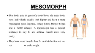 MESOMORPH
• This body type is generally considered the ideal body
type. Individuals usually look lighter and have a more
rectangular bone structure, longer limbs, thinner bones
and a flatter ribcage. A mesomorph has a natural
tendency to stay fit and achieve muscle mass very
easily.
• They have more muscle than fat on their bodies and are
not overweight or underweight.
 