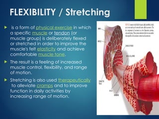 FLEXIBILITY / Stretching
 is a form of physical exercise in which
a specific muscle or tendon (or
muscle group) is deliberately flexed
or stretched in order to improve the
muscle's felt elasticity and achieve
comfortable muscle tone.
 The result is a feeling of increased
muscle control, flexibility, and range
of motion.
 Stretching is also used therapeutically
to alleviate cramps and to improve
function in daily activities by
increasing range of motion.
 