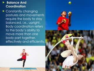  Balance And
Coordination
 Constantly changing
postures and movements
require the body to stay
balanced, i.e., upright.
Body coordination refers
to the body’s ability to
move more than one
body part together,
effectively and efficiently.
 