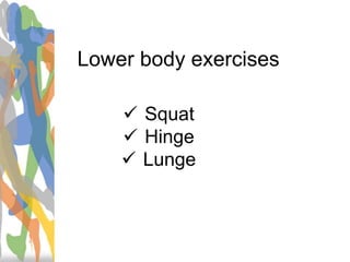 Lower body exercises
 Squat
 Hinge
 Lunge
 
