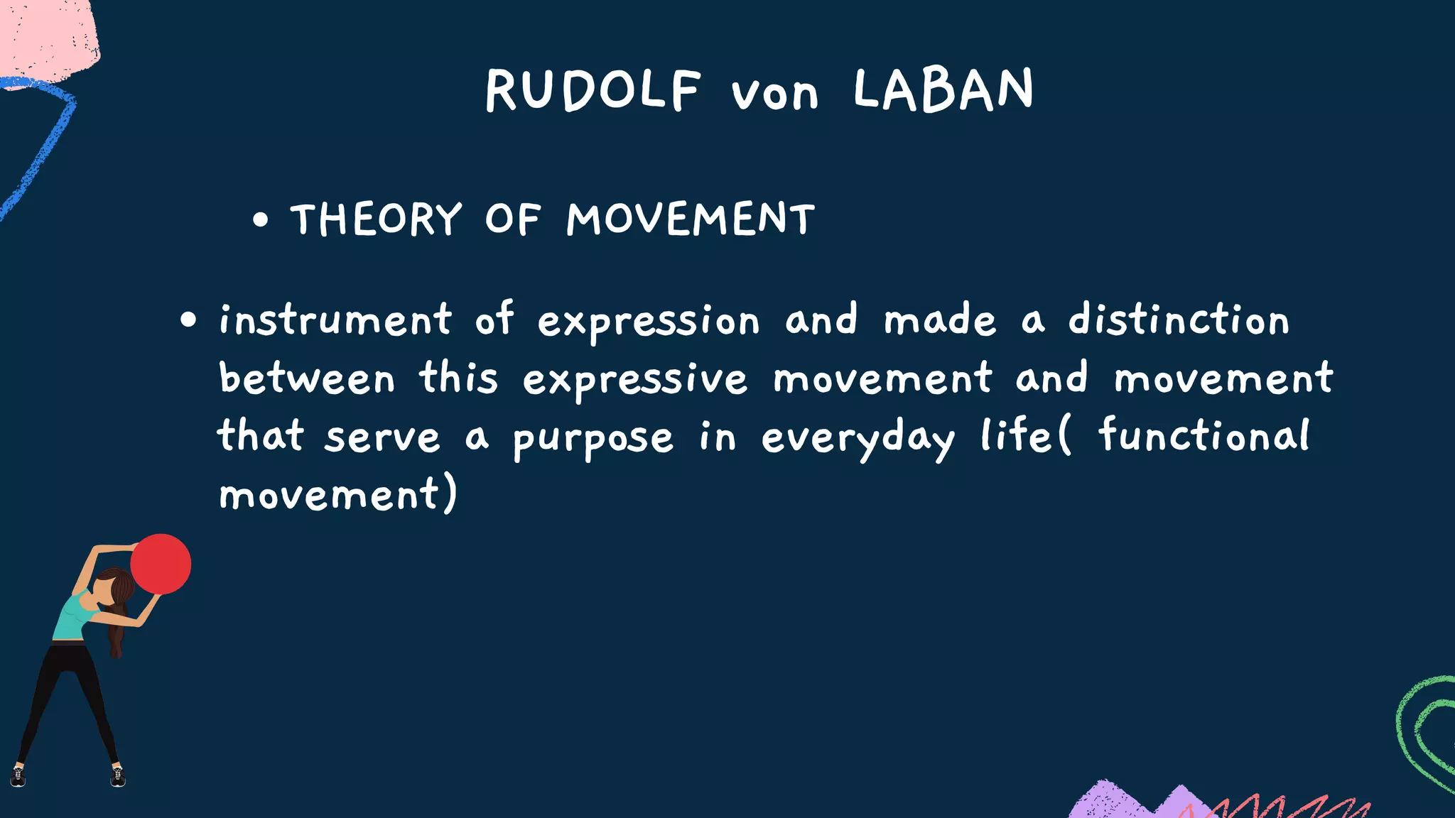 RUDOLF von LABAN
THEORY OF MOVEMENT
instrument of expression and made a distinction
between this expressive movement and movement
that serve a purpose in everyday life( functional
movement)
 