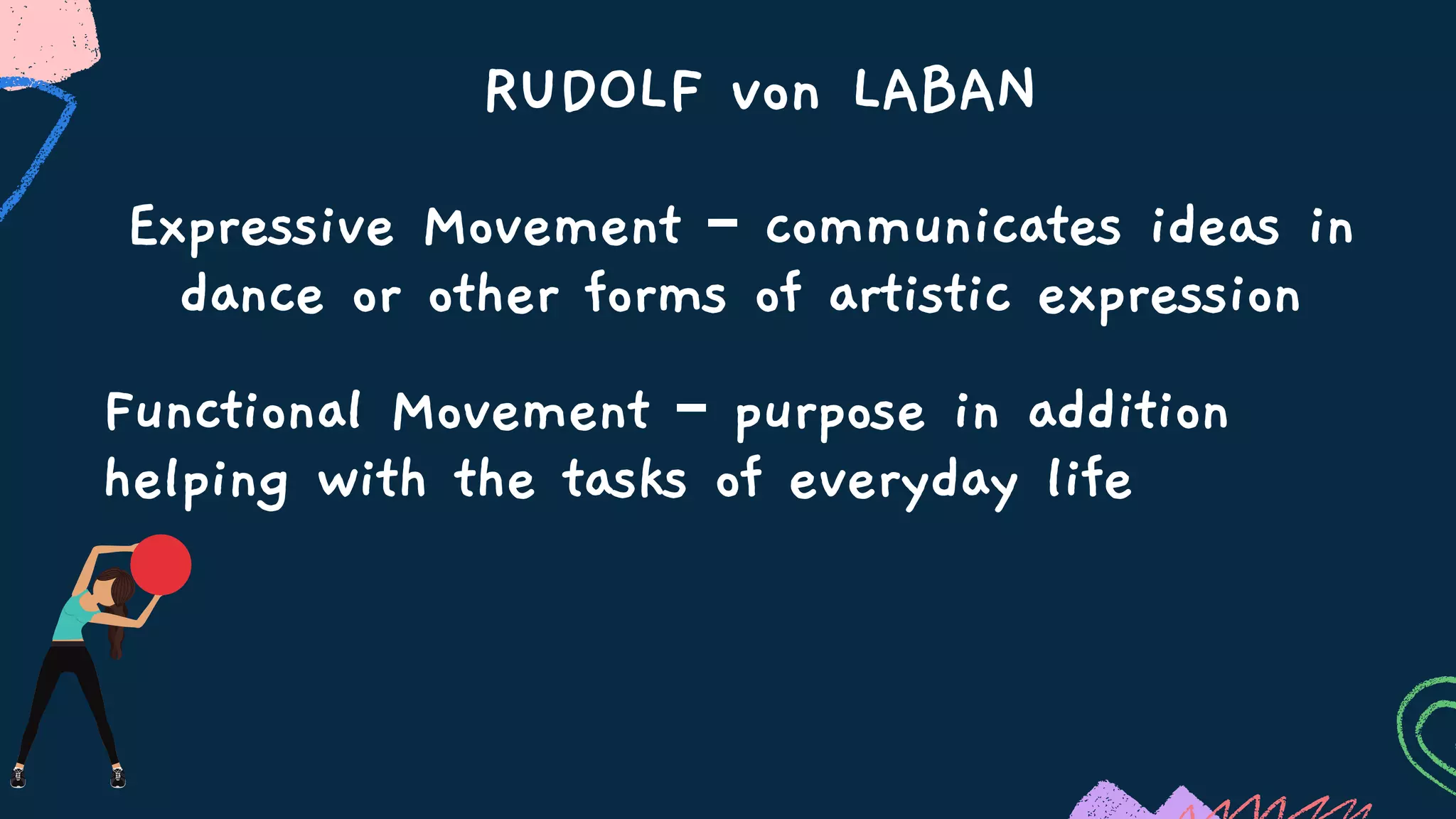 RUDOLF von LABAN
Expressive Movement – communicates ideas in
dance or other forms of artistic expression
Functional Movement – purpose in addition
helping with the tasks of everyday life
 