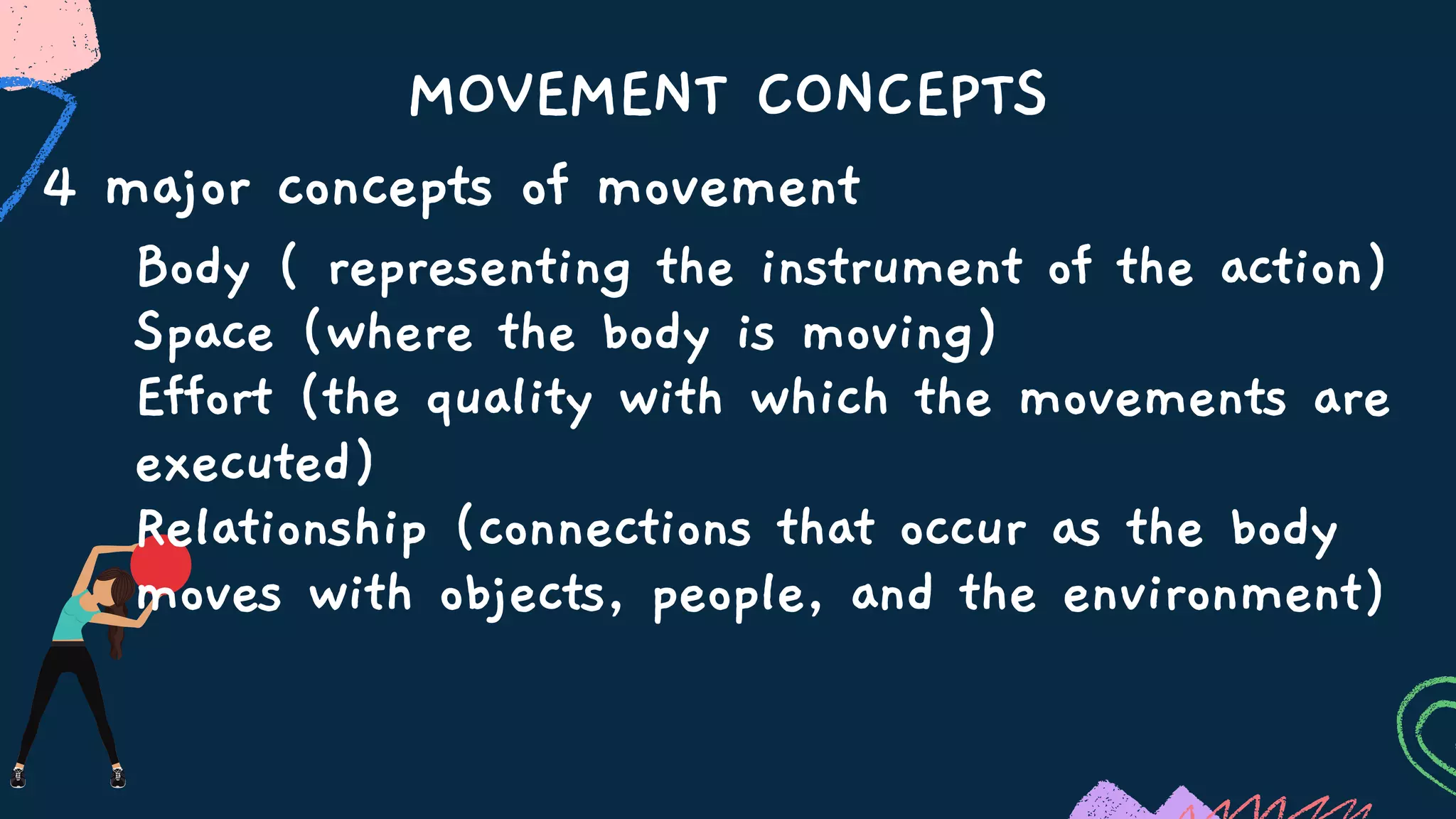 MOVEMENT CONCEPTS
4 major concepts of movement
Body ( representing the instrument of the action)
Space (where the body is moving)
Effort (the quality with which the movements are
executed)
Relationship (connections that occur as the body
moves with objects, people, and the environment)
 