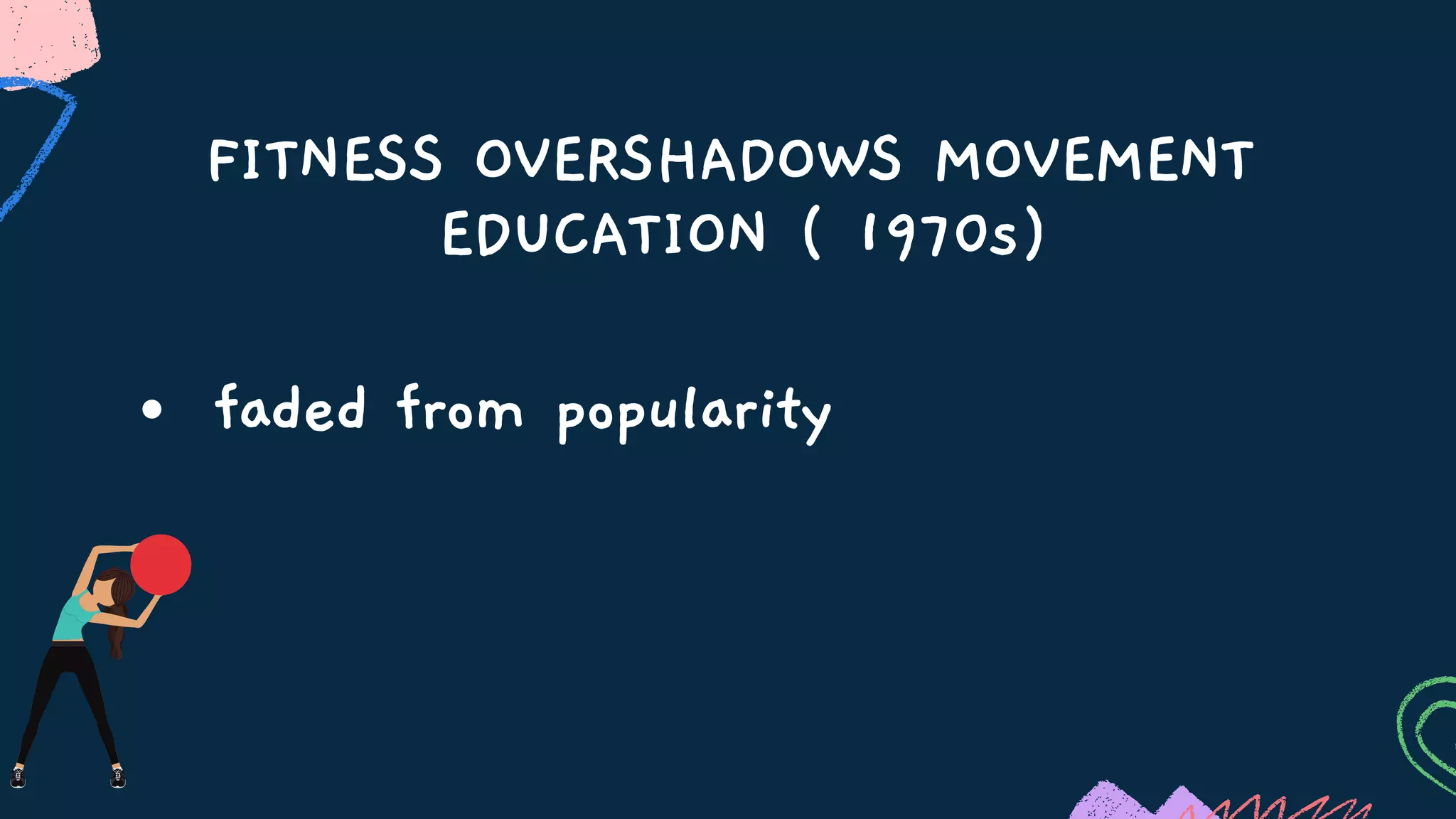 FITNESS OVERSHADOWS MOVEMENT
EDUCATION ( 1970s)
faded from popularity
 