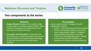 Webinars Structure and Timeline
Two components to the series:
Webinars
• Subject Experts: Experts in the subject matter
se...