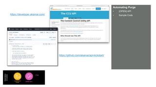 © AKAMAI - EDGE 2017
Grow revenue opportunities with fast, personalized
web experiences and manage complexity from peak
demand, mobile devices and data collection.
Automating Purge
• {OPEN} API
• Sample Code
Automation
&Control
Luna Control
Portal
{OPEN} API’s
• Purge
https://developer.akamai.com/
https://github.com/akamai/api-kickstart/
 