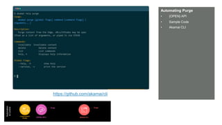 © AKAMAI - EDGE 2017
Grow revenue opportunities with fast, personalized
web experiences and manage complexity from peak
demand, mobile devices and data collection.
Automating Purge
• {OPEN} API
• Sample Code
• Akamai CLI
Automation
&Control
Luna Control
Portal
{OPEN} API’s
• Purge
Akamai CLI
• Purge
https://github.com/akamai/cli
 