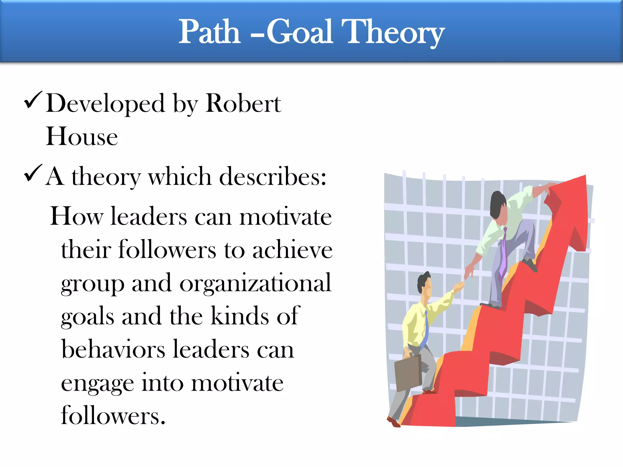 Path –Goal Theory

Developed by Robert
 House
A theory which describes:
 How leaders can motivate
  their followers to achieve
  group and organizational
  goals and the kinds of
  behaviors leaders can
  engage into motivate
  followers.
 