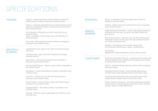 FLOORING ELECTRICAL
SANITARY &
PLUMBING
DOORS &
WINDOWS
LUXURY PERKS
Interiors - Imported hand-hewn finished marble or sandstone of
shades ranging from White to Beige as per architects choice.
Exteriors - Landscape integrated flooring for deck and outdoor seating
areas with herringbone Terracotta, unpolished local granite and faux
wood (composite wood).
Floor Highlights in Attangudi tile to match mosaic effect as per
architect’s choice.
Toilets- Combination of hewn finished stone and vitrified tiles for
flooring & walling.
Utility Areas - Mid range Neutral colored vitrified tiles by Kajaria or
equivalent as per architect’s choice.
Localized Solar water supply to meet 100% of hot water needs for
each home.
Centralized water supply, watershed management and sewage
treatment systems.
Water Closets - Wall mounted concealed cisterns by Kohler or
equivalent as per architect’s choice.
Faucets & Health Faucets - Stainless steel by Kohler or equivalent as
per architect’s choice.
Wash Basins - Counter top washbasins by Kohler or equivalent as per
architect’s choice.
Utility Sink - Stainless steel sink with drain board by Nirali or
equivalent as per architects choice.
Shower Cubicles - Customized glass cubicles with Haffle fittings or
equivalent as per architect’s choice.
Overhead Showers - Rain shower by Kohler or equivalent as per
architect’s choice.
Plumbing - PVC pipes used for waste water lines & CPVC for hot &
cold water lines.
Wiring - Fire retardant multi-strand copper wires of Anchor or
equivalent with PVC conduits.
Switches - Modular switches of Legrand (Artior series) or equivalent
as per architect’s choice.
Sliding folding Doors & Windows - Custom made Sliding folding doors
& Windows with solid wood / sal wood or equivalent frames and
glass shutters.
Door frames & shutters - Main doors with solid Teak wood frames &
Teak Veneer shutters. All other doors with solid wood frame & flush
core shutters with Veneer finish
Hardware - All hardware in brush finished stainless steel.
All internal doors have Mortise or tubular / cylindrical locks.
Door Stoppers
Magnetic door stoppers provided for all main & bed room doors.
Smart home Automation & Security - Customized security system and
automatic lighting controls integrated with occupancy sensors based
on individual home owner needs.
Solar PV - Customized off grid electricity solutions based on individual
home owner needs.
Wardrobes & Kitchen Storage - Customized high grade pressure
laminated factory made wardrobes based on home owner needs.
Customized high grade marine pressure laminated factory made
storage solutions available based on home owner needs.
Outdoor Amenity & Landscape - Customized landscaping and outdoor
amenity design for villa plots based on home owner needs. Individual
lap pools, Jacuzzi, Fish SPA, BBQ deck etc
SPECIFICATIONS
 