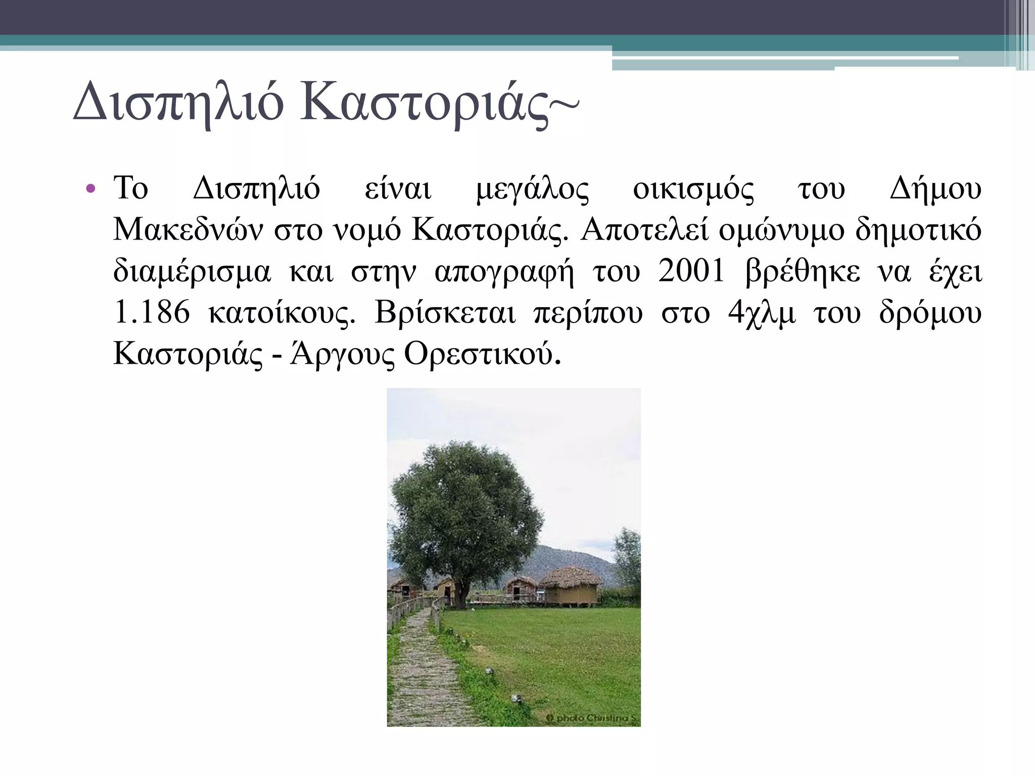 Δισπηλιό Καστοριάς~
• Το Δισπηλιό είναι μεγάλος οικισμός του Δήμου
Μακεδνών στο νομό Καστοριάς. Αποτελεί ομώνυμο δημοτικό
διαμέρισμα και στην απογραφή του 2001 βρέθηκε να έχει
1.186 κατοίκους. Βρίσκεται περίπου στο 4χλμ του δρόμου
Καστοριάς - Άργους Ορεστικού.
 