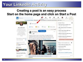 51
Your LinkedIn Activity
Creating a post is an easy process
Start on the home page and click on Start a Post
 