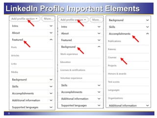 8
LinkedIn Profile Important Elements
 
