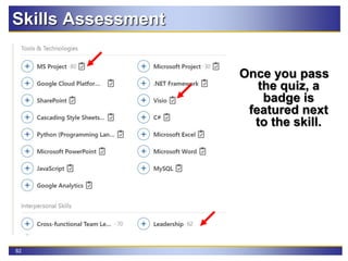 82
Skills Assessment
Once you pass
the quiz, a
badge is
featured next
to the skill.
 