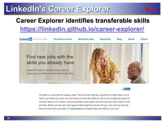 86
LinkedIn's Career Explorer
Career Explorer identifies transferable skills
https://linkedin.github.io/career-explorer/
 