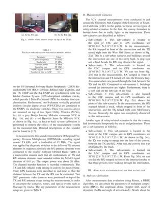 (a) At the TX side. (b) At the RX side.
Fig. 1. Photes of the antenna arrays on top of the SUVs.
TABLE I
THE KEY PARAMETERS OF THE MEASUREMENT SETUP.
Parameter Value
Carrier frequency 5.9 GHz
Bandwidth 15 MHz
Transmit power 26 dBm
Sampling rate 20 MS/s
MIMO signal duration 640 us
Number of bits in ADC 16
on the NI-Universal Software Radio Peripherals (USRP) Re-
conﬁgurable I/O (RIO) software deﬁned radio platform, and
the TX USRP and the RX USRP are synchronized with two
Global Position System (GPS)-disciplined rubidium clocks,
which provide 1 Pulse Per Second (PPS) for absolute time syn-
chronization. Furthermore, two 8-element vertically polarized
uniform circular dipole arrays (VP-UCDA) are connected to
the USRPs via electronic switches. These two antenna arrays
are mounted on top of two Sport Utility Vehicles (SUVs),
i.e., (i): a gray Dodge Journey Mid-size cross-over SUV in
Fig. 1(b), and (ii): a red Hyundai Sante Fe Mid-size SUV,
as shown in Fig. 1(a). A back-to-back system calibration is
performed to remove the effects of the measurement system
on the measured data. Detailed descriptions of this sounder
can be found in [17].
In measurements, this sounder transmitted a Orthogonal Fre-
quency Division Multiplexing (OFDM)-like sounding signal
around 5.9 GHz with a bandwidth of 15 MHz. The signal
was applied by electronic switches to the different TX antenna
elements in sequence; similarly the RX antenna elements were
connected to the receive Software Deﬁned Radio (SDR) in
a round-robin manner such that all combinations of TX and
RX antenna elements were sounded within the MIMO signal
duration of 640 μs. The output power was about 26 dBm.
The channel transfer function is recorded continuously. The
TX and RX vehicles were driving in convoy for most of time.
Their GPS locations were recorded in real-time so that the
distance between the TX and the RX can be estimated. Two
360◦
panoramic video cameras were positioned on top of the
TX and RX antenna arrays during the measurements, in order
to document the scenarios, routes, and special events such as
blockage by trucks. The key parameters of the measurement
setup are given in Table I.
B. Measurement scenarios
The V2V channel measurements were conducted in and
around the University Park Campus of the University of South-
ern California (USC). In this paper, we focus on two types of
safety-related scenarios. In the ﬁrst, the convoy formation is
broken down due to trafﬁc lights in the intersection. Three
sub-scenarios are described as follows:
• Sub-scenario 1: This sub-scenario is located to
the west of USC and its GPS coordinates are
34◦
01 23.1 N, 118◦
17 37.8 W. In the measurements,
the RX stopped in front of the intersection and the TX
turned right onto the West 36th Street as shown in Fig.
2(a). This is a sub-urban scenario and buildings around
the intersection are one or two-story high. A stop sign
and a bush beside the RX may obstruct the signal.
• Sub-scenario 2: This sub-scenario is located on
the USC campus and its GPS coordinates are
34◦
01 16.5 N, 118◦
17 22.5 W. We can see from Fig.
2(b) that in the measurements, RX stopped in front of
the intersection and TX turned left onto the Downey Way.
Also some other cars passed through the link between the
TX and the RX. Compared to sub-scenario 1, buildings
around the intersection are higher. Furthermore, there is
a stop sign on the left side of the road.
• Sub-scenario 3: This sub-scenario is also located
in the USC campus and its GPS coordinates are
34◦
01 16.3 N, 118◦
17 22.0 W. Fig. 2(c) shows the
photo of this sub-scenario. In the measurements, the RX
stopped behind a truck, which stopped in front of the
intersection, and the TX turned right onto McClintock
Avenue. Generally, the signal was completely obstructed
in this sub-scenario.
Another type of safety-related scenarios is that the convoy
link is obstructed temporarily by trucks and pedestrians. There
are 2 sub-scenarios as follows:
• Sub-scenario 4: This sub-scenario is located to the
north of the USC campus and its GPS coordinates are
34◦
01 31.6 N, 118◦
17 25.4 W. As shown in Fig. 3(a),
the TX was trying to merge into the lane of the convoy,
between the TX and RX. After that, the convoy link was
obstructed by the truck.
• Sub-scenario 5: This sub-scenario is located on
the USC campus and its GPS coordinates are
34◦
01 27.6 N, 118◦
17 15.4 W. From Fig. 3(b), we can
see that the RX stopped in front of the intersection due to
that three persons were walking through the intersection.
III. ANALYSIS AND MODELING OF THE PATH LOSS
A. Path loss derivation
After measurement data evaluation using Rimax, a HRPE
algorithm, we can obtain the parameters of multipath compo-
nents (MPCs), like amplitude, delay, Doppler shift, angle of
departure (AoD) and angle of arrival (AoA). Details about the
 