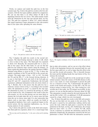 Firstly, we analyze and model the path loss in the ﬁrst
scenario type. Fig. 4 shows the path loss results in the ﬁrst sub-
scenario, with the free-space pathloss plotted for comparison.
We can see that there is an offset (about 10 dB in the
beginning) between the two curves. This offset mainly results
from the obstruction by the stop sign and the bush, see Fig.
2(a). The path loss exponent is about 2.47, which indicates
that signal experiences larger attenuation in this sub-scenario
than in free space after spreading the same distance.
20 30 40 50 60
Distance [m]
65
70
75
80
85
90
95
100
Pathloss[dB]
PL
PLFI
[dB]=53.08+24.67log10
(d), =2.05
PLfree space
=47.86+20log10
(d)
Fig. 4. The path loss results in the ﬁrst sub-scenario.
Fig. 5 displays the path loss results in the second sub-
scenario. The ﬁtted ﬂoating intercept is about 45 dB, which
is close to that in free space. The ﬁtted path loss exponent
is about 2.56. Basically, the measured path loss is close to
that in free space. On the other hand, we can see that the
path loss has relatively large variance along the distance. To
better explain this phenomenon, the angular spectrum of MPCs
obtained using Rimax is given in Fig. 71
; Fig. 6 shows the
angular coordinates of the TX and the RX in the second sub-
scenario. The angle range is from −180◦
to 180◦
. For both
the TX and the RX, 0◦
is the forward driving direction. It
is easy to ﬁnd that the AoA and AoD of the LoS path are
about 60◦
and 150◦
, respectively. Furthermore, the LoS path
experiences additional attenuation in the red circles shown in
Fig. 7. Besides, this is the reason why the path loss has a
relatively variance shown in Fig. 5. According to the recorded
video, the attenuation in circle 1 is caused by the stop sign;
the attenuation in circle 2 is caused by the passing car, which
can be found in Fig. 2(b). Compared to the results in the ﬁrst
sub-scenario, we can see that passing cars are more likely to
obstruct the LoS path when the car in convoy turns left than
when the car in convoy turns right. It is also noteworthy that
objects such as stop signs, which are usually not found in
geographical databases, have such a signiﬁcant impact on the
receive power; this has important implications, e.g., for ray
tracing analysis of such scenarios.
Fig. 8 shows the path loss results in the third sub-scenario.
The ﬁtted path loss exponent, about 3.45, is much larger than
1The raw data used for plotting Fig. 7 is the same as that used for plotting
Fig. 5.
25 30 35 40
Distance [m]
76
78
80
82
84
86
88
90
92
Pathloss[dB]
PL
PLFI
[dB]=44.99+25.57log10
(d), =2.36
PLfree space
=47.86+20log10
(d)
Fig. 5. The path loss results in the second sub-scenario.
Fig. 6. The angular coordinates of the TX and the RX in the second sub-
scenario.
that in other sub-scenarios, and we can see a big offset (about
24 dB at the beginning) between the measured path loss and
the free space path loss, as well as larger than the offset in the
ﬁrst and the second sub-scenarios. This is basically because
the truck and the building beside the road shown in Fig. 2(c)
obstruct the LoS path.
Next, we analyze the path loss in the second type of safety-
related scenarios. Since the variance of TX-RX distance in this
case is very small, it is more meaningful to present the path
loss as a function of time. Fig. 9 demonstrates the path loss
results in the fourth sub-scenario. At time 882 s, the TX was
trying to merge as shown in Fig. 3(a). After waiting for a few
seconds due to the trafﬁc, the TX merged successfully. In this
process, we can see that the path loss increases about 16.5 dB.
This attenuation is mostly caused by the truck between the TX
and the RX. In Ref. [12], an additional 15-20 dB attenuation
caused by a large vehicle was also investigated.
Fig. 10 shows the path loss results in the ﬁfth sub-scenario.
We can see that there are two peaks in the red circles. The
left peak is caused by two pedestrians walking side-by-side
across the road, while the right peak is caused by the third
pedestrian in the back, see Fig. 3(b). Furthermore, the average
path loss from 1104 s to 1107 s is about 79.5 dB, which
can be a reference to calculate the attenuation caused by the
pedestrian. Empirically, the attenuation caused by the ﬁrst two
pedestrians is about 7.68 dB while the attenuation caused by
 