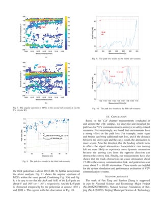 1208 1210 1212 1214 1216 1218 1220
Measurement time/s
-200
-150
-100
-50
0
50
100
150
200
Azimuthofdepature/°
-75
-70
-65
-60
-55
-50
-45
-40
1
LoS Path
2
(a)
1208 1210 1212 1214 1216 1218 1220
Measurement time/s
-200
-150
-100
-50
0
50
100
150
200
Azimuthofarrival/°
-75
-70
-65
-60
-55
-50
-45
-40
1 2
LoS Path
(b)
Fig. 7. The angular spectrum of MPCs in the second sub-scenario at: (a) the
TX; (b) the RX.
25 30 35 40 45
Distance [m]
70
75
80
85
90
95
100
105
110
Pathloss[dB]
PL
PLFI
[dB]=52.04+34.49log10
(d), =2.23
PLfree space
=47.86+20log10
(d)
Fig. 8. The path loss results in the third sub-scenario.
the third pedestrian is about 10.16 dB. To further demonstrate
the above analysis, Fig. 11 shows the angular spectrum of
MPCs within the same period. Combining Fig. 3(b) and Fig.
6, it is easy to see that the AoA and AoD of the LoS path are
about 0◦
and 180◦
(or −180◦
), respectively. And the LoS path
is obstructed temporarily by the pedestrian at around 1103 s
and 1108 s. This agrees with the observation in Fig. 10.
882 884 886 888 890 892 894
Measurement time [s]
70
75
80
85
Pathloss[dB]
16.46
dB
Fig. 9. The path loss results in the fourth sub-scenario.
1102 1103 1104 1105 1106 1107 1108 1109 1110
Measurement time [s]
70
75
80
85
Pathloss[dB]
1
2
7.68 dB
10.16 dB
Fig. 10. The path loss results in the ﬁfth sub-scenario.
IV. CONCLUSION
Based on the V2V channel measurements conducted in
and around the USC campus, we analyzed and modeled the
path loss for V2V communication in convoys in safety-related
scenarios. Not surprisingly, we found that environments have
a strong effect on the path loss. For example, street signs
and bushes can bring additional path loss, and if the distance
between the street sign and the car is small, the attenuation is
more severe. Also the direction that the leading vehicle turns
to affects the signal attenuation characteristics: cars turning
left are more likely to experience more dynamic attenuation
because the passing cars from the opposite direction can
obstruct the convoy link. Finally, our measurements have also
shown that the truck obstruction can cause attenuation about
15 dB to the convoy communication link, and pedestrians can
cause about 7 ∼ 10 dB attenuation. These results are helpful
for the system simulation and performance evaluation of V2V
communication systems.
ACKNOWLEDGMENT
The work of Pan Tang and Jianhua Zhang is supported
in part by National Science and Technology Major Project
(No.2018ZX03001031), Natural Science Foundation of Bei-
jing (No.L172030), Beijing Municipal Science & Technology
 